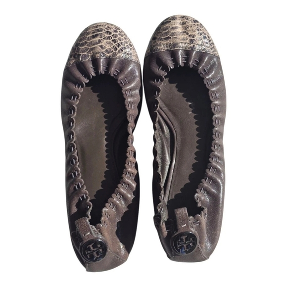Tory Burch Chelsea Gray Leather Snakeskin Cap-Toe Ballet Flats 7M Women Shoes - Picture 3 of 12